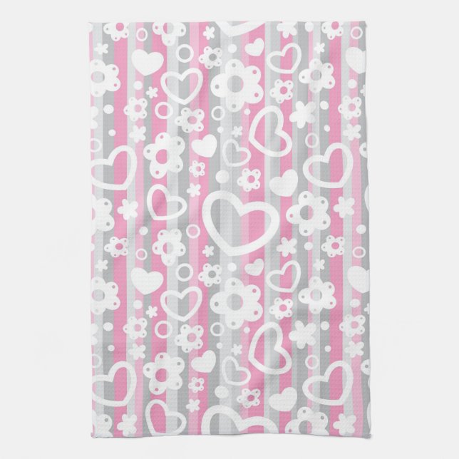 Pattern with Hearts and Flowers Kitchen Towel (Vertical)