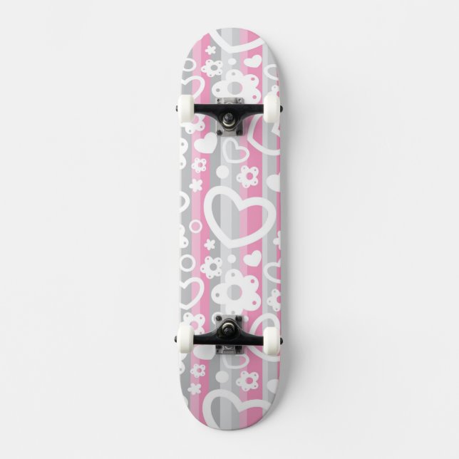 Pattern with Hearts and Flowers Skateboard Deck (Front)