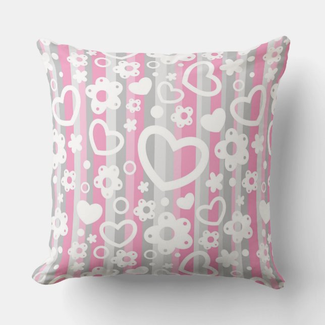 Pattern with Hearts and Flowers Throw Pillow (Front)
