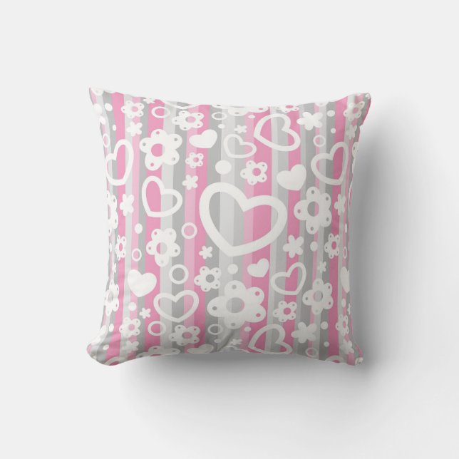 Pattern with Hearts and Flowers Throw Pillow (Front)