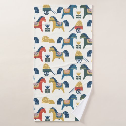 Pattern with horses inspired by scandinavian art  bath towel