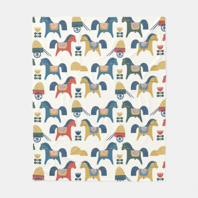 Pattern with horses inspired by scandinavian art.  fleece blanket (Front)