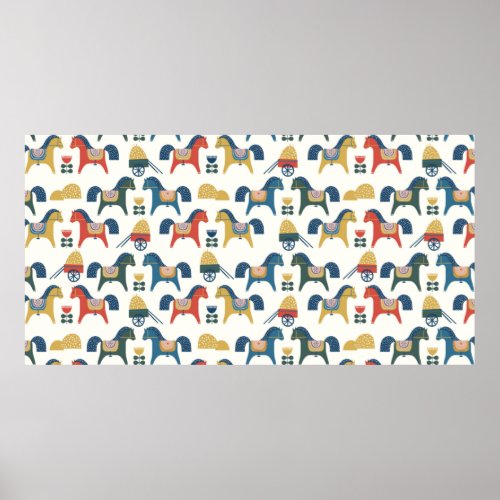 Pattern with horses inspired by scandinavian art  poster