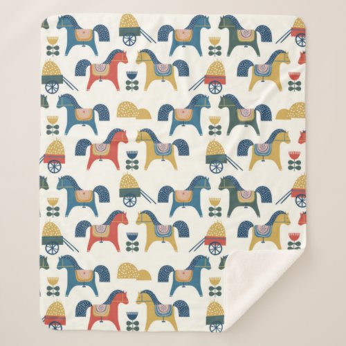 Pattern with horses inspired by scandinavian art  sherpa blanket