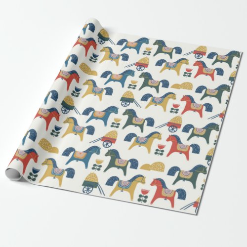 Pattern with horses inspired by scandinavian art  wrapping paper