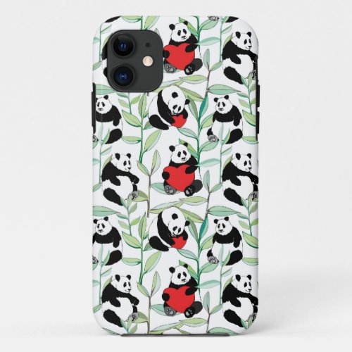 pattern with lovely pandas with hearts iPhone 11 case