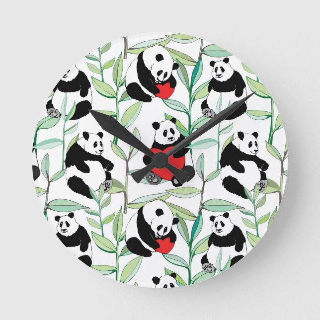 pattern with lovely pandas with hearts round clock (Front)