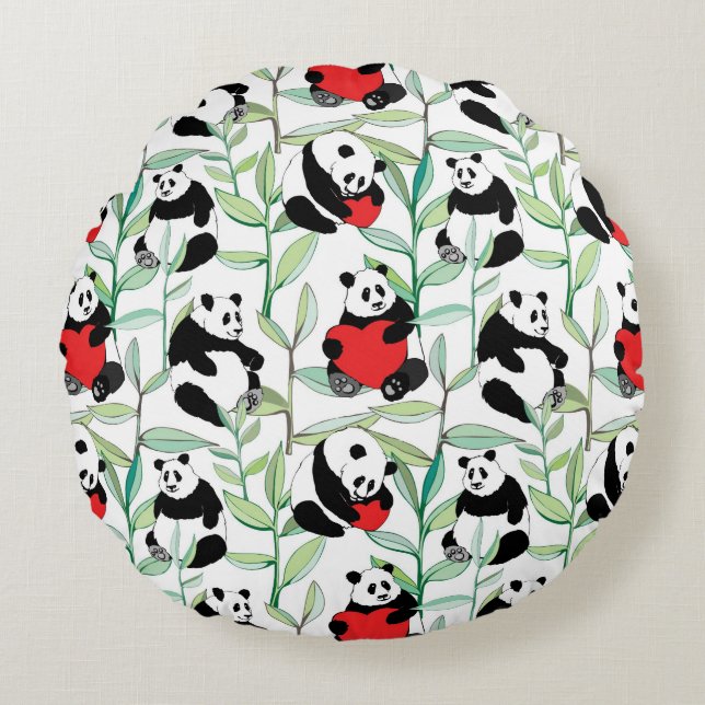 pattern with lovely pandas with hearts round pillow (Front)
