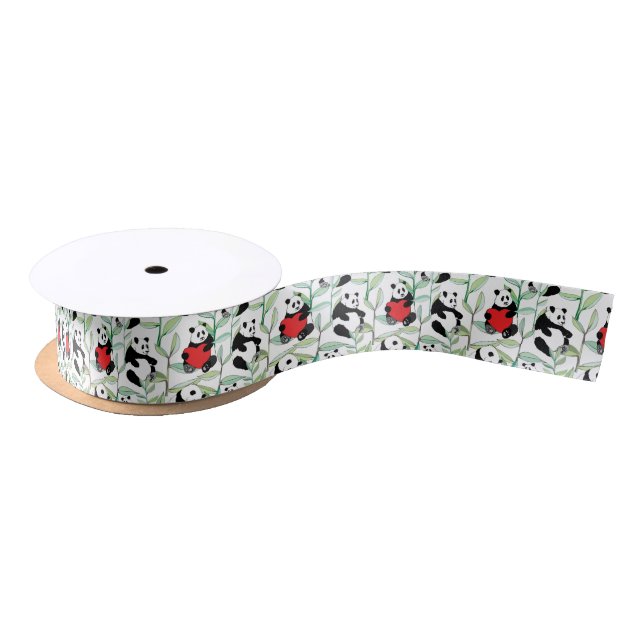 pattern with lovely pandas with hearts satin ribbon (Spool)
