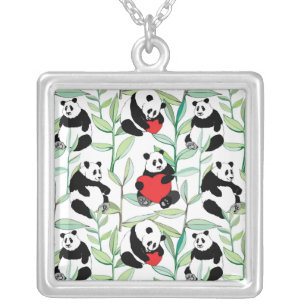 pattern with lovely pandas with hearts silver plated necklace