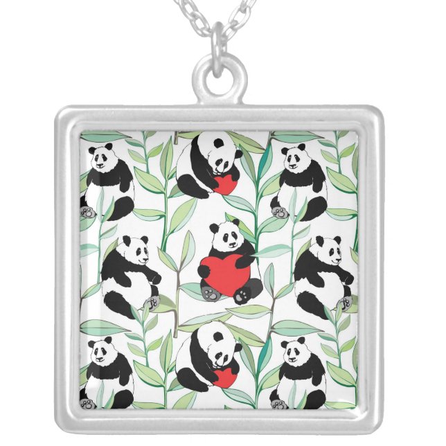 pattern with lovely pandas with hearts silver plated necklace (Front)
