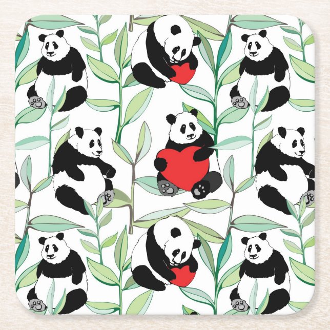 pattern with lovely pandas with hearts square paper coaster (Front)