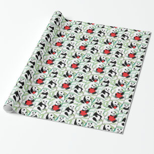 pattern with lovely pandas with hearts wrapping paper