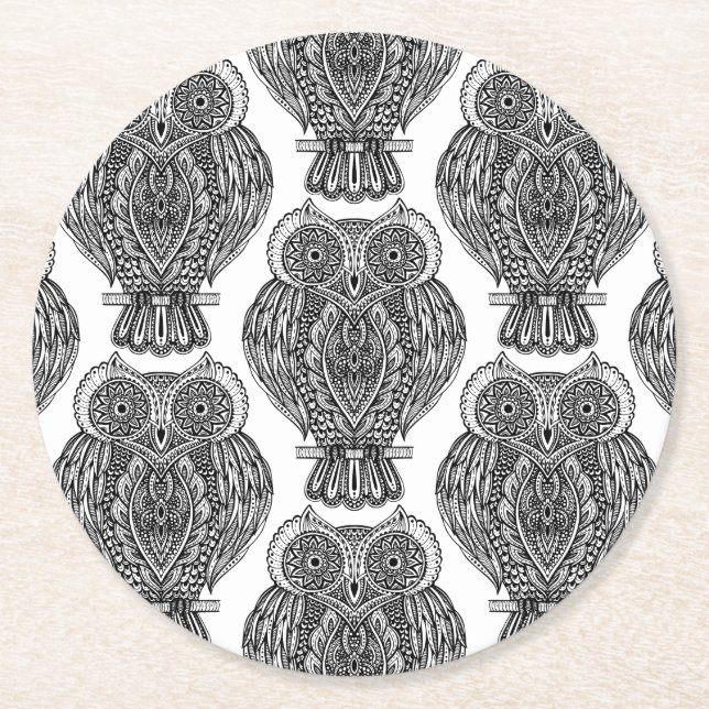 Pattern With Owls Doodle Round Paper Coaster (Front)