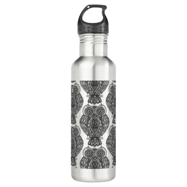 Pattern With Owls Doodle Water Bottle (Front)