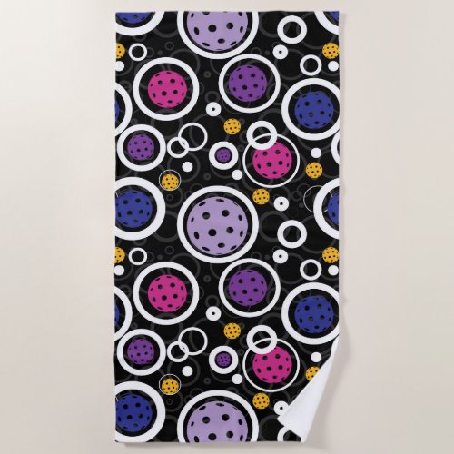 Pattern with Pickleballs  on black Beach Towel