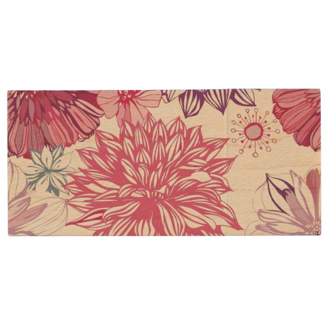 Pattern with pink asters and dahlia wood flash drive (Front)