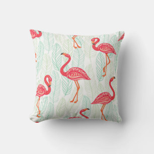 Pattern with pink flamingo ornaments on a backgrou throw pillow