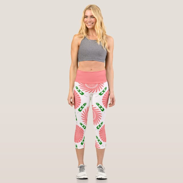  pattern with pink flowers  capri leggings (Front)