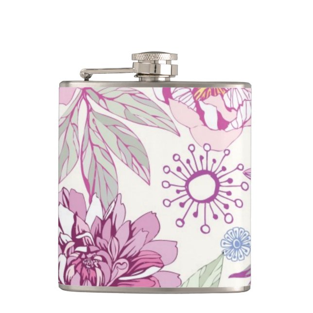 Pattern with pink flowers hip flask (Front)