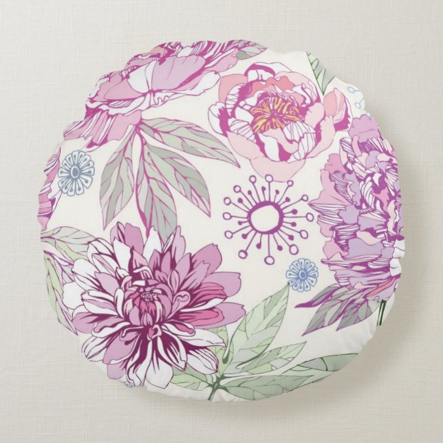 Pattern with pink flowers round pillow (Front)