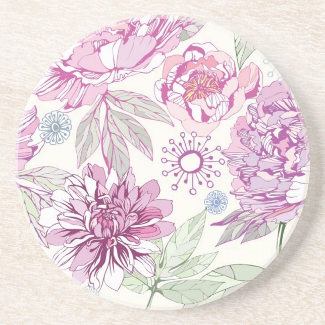 Pattern with pink flowers sandstone coaster (Front)