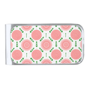 pattern with pink flowers silver finish money clip