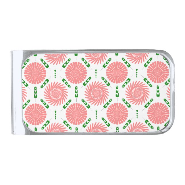  pattern with pink flowers  silver finish money clip (Front)