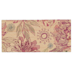 Pattern with pink flowers wood USB flash drive