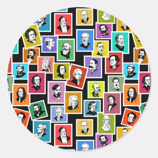 Pattern with portraits of the greatest composers classic round sticker (Front)