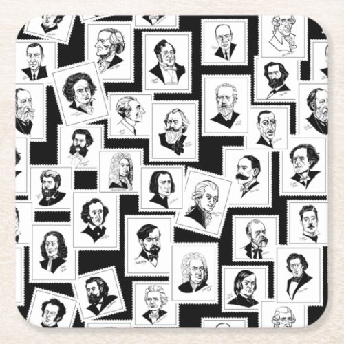 Pattern with portraits of the greatest composers square paper coaster