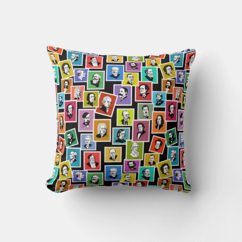 Pattern with portraits of the greatest composers throw pillow