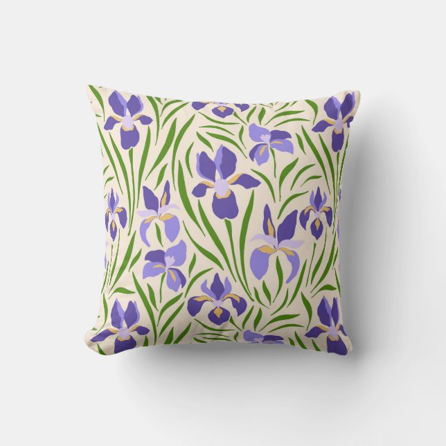 Pattern with purple irises and green leaves throw pillow (Front)
