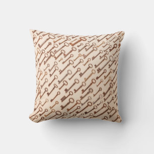 Pattern with real vintage victorian keys on kraft throw pillow