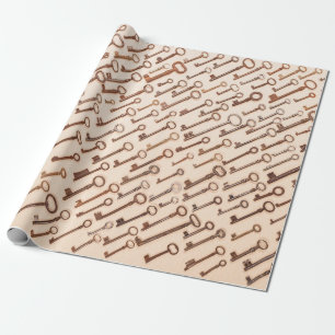 Pattern with real vintage victorian keys on kraft wrapping paper