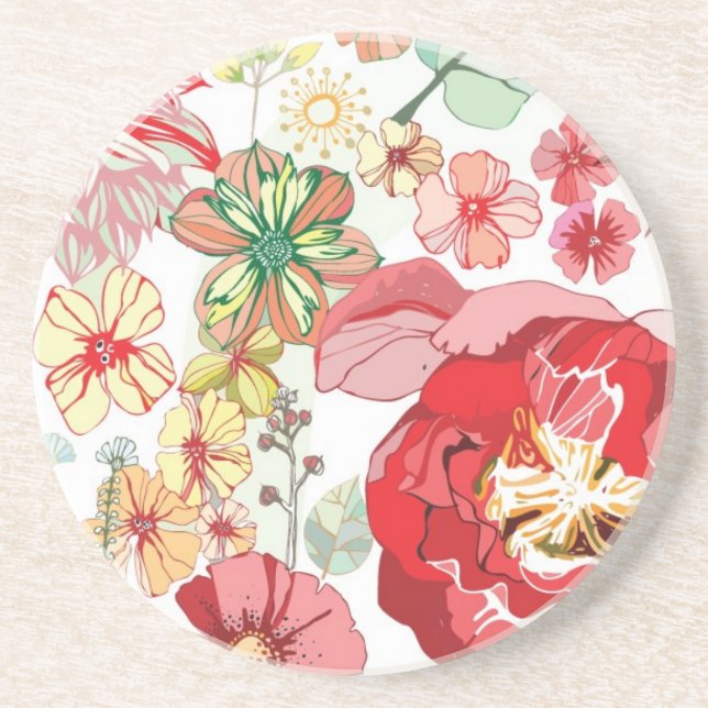 Pattern with red flowers coaster (Front)