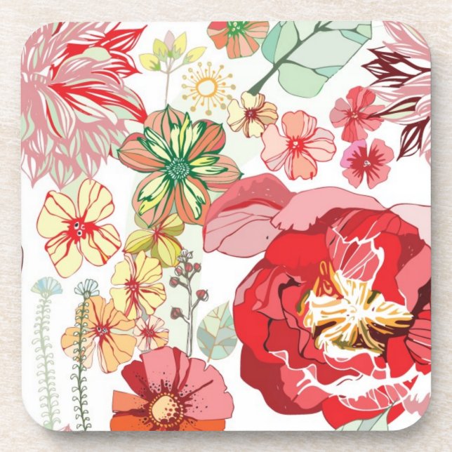 Pattern with red flowers drink coaster (Front)