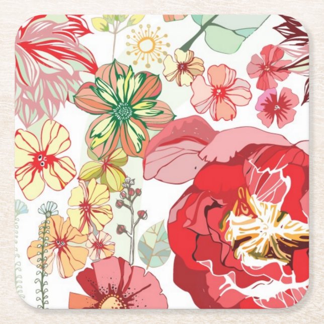 Pattern with red flowers square paper coaster (Front)