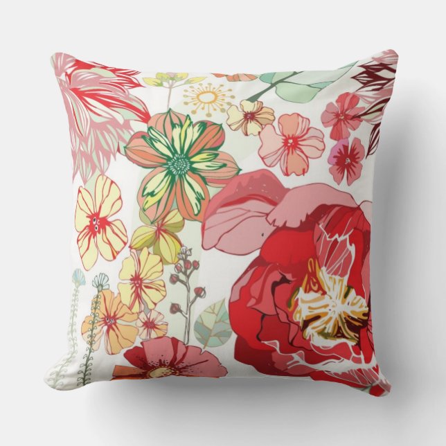 Pattern with red flowers throw pillow (Front)