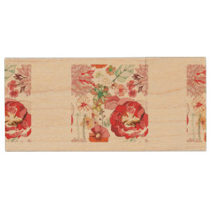 Pattern with red flowers wood USB flash drive