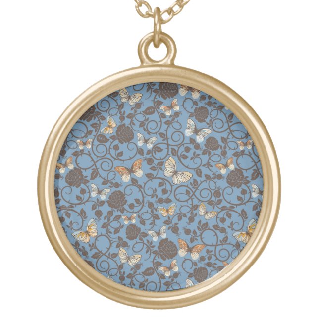 pattern with roses and butterfly gold plated necklace (Front)