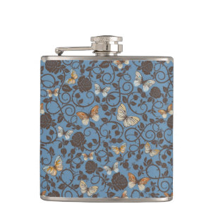 pattern with roses and butterfly hip flask