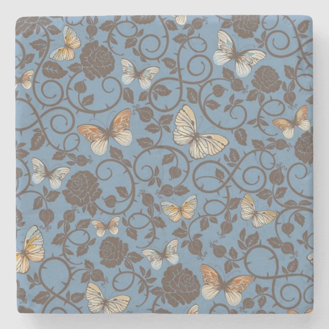 pattern with roses and butterfly stone coaster (Front)