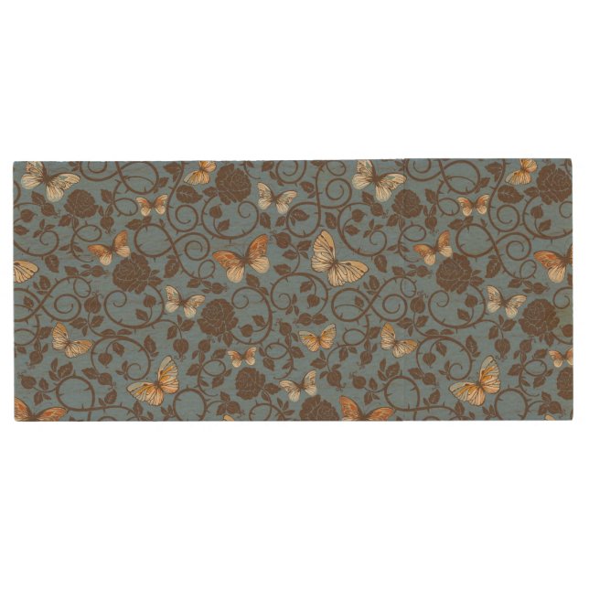 pattern with roses and butterfly wood flash drive (Front)