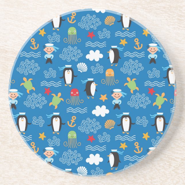 pattern with sea theme drink coaster (Front)