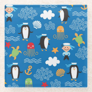 pattern with sea theme glass coaster