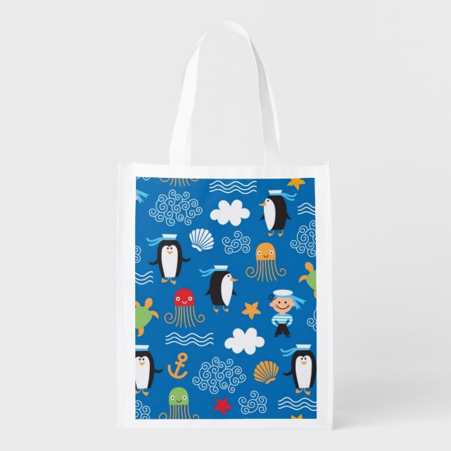 pattern with sea theme grocery bag (Front)