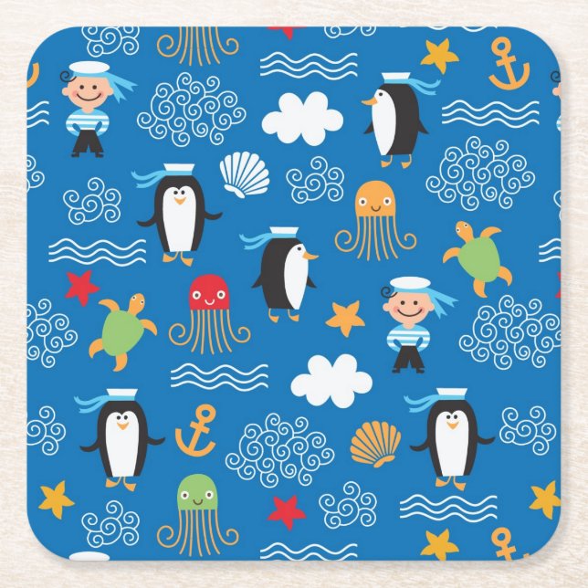 pattern with sea theme square paper coaster (Front)