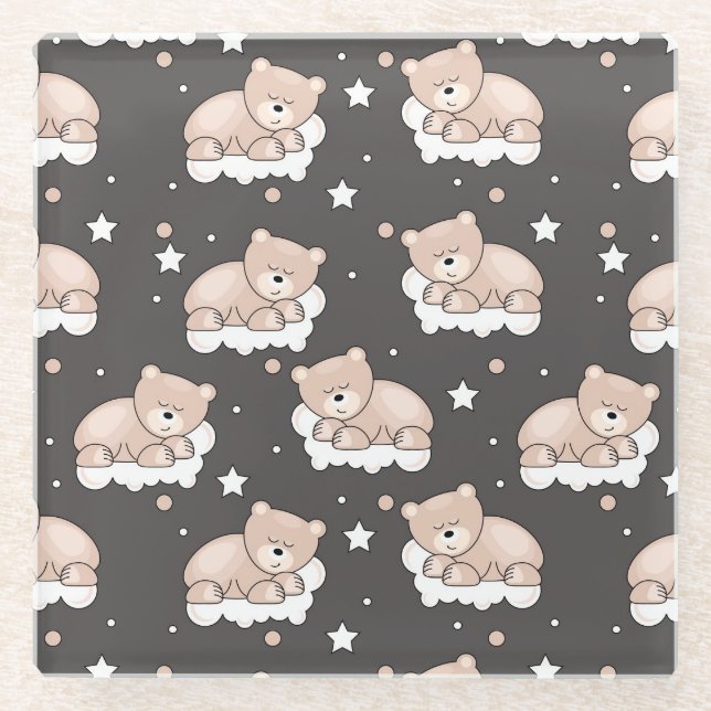 pattern with small bear sleeping glass coaster (Front)