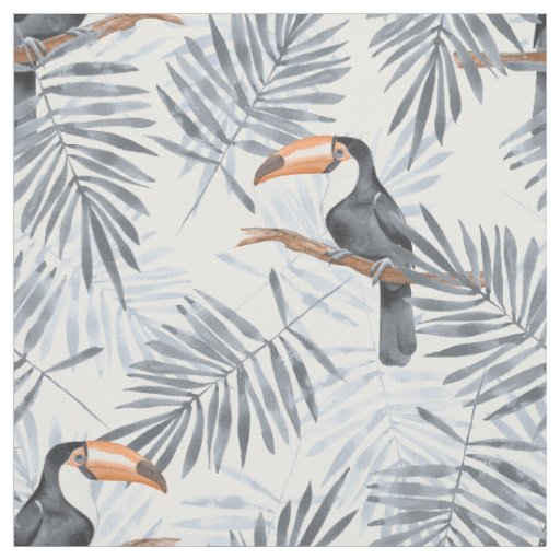 Pattern with toucan and gray palm leaves fabric